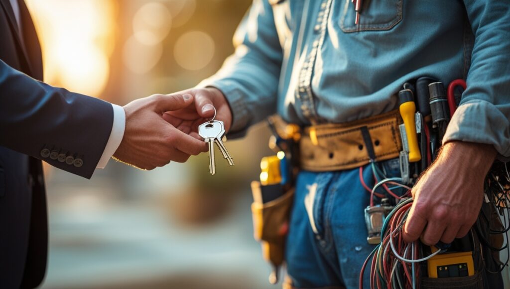 Un electricien prenant les clés d'agent immobilier